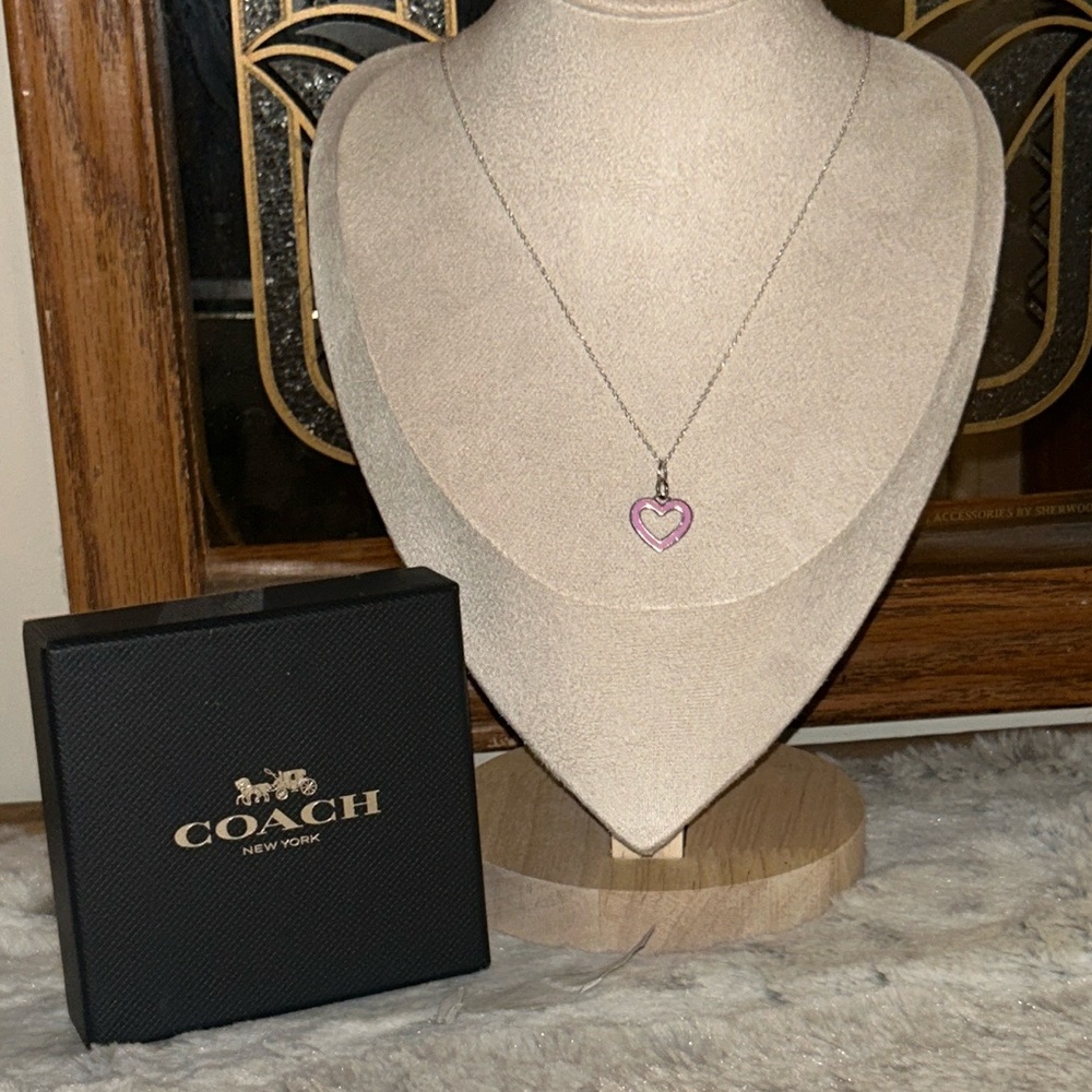 Authentic Coach Pink Enamel Heart Pendant & 925 Sterling Silver Necklace